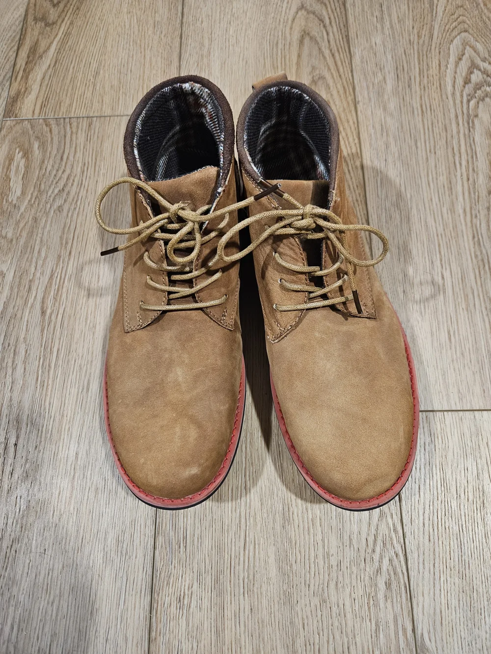 Men's Muk Luks Tan Suede Lace-Up Boots with Pink Trim